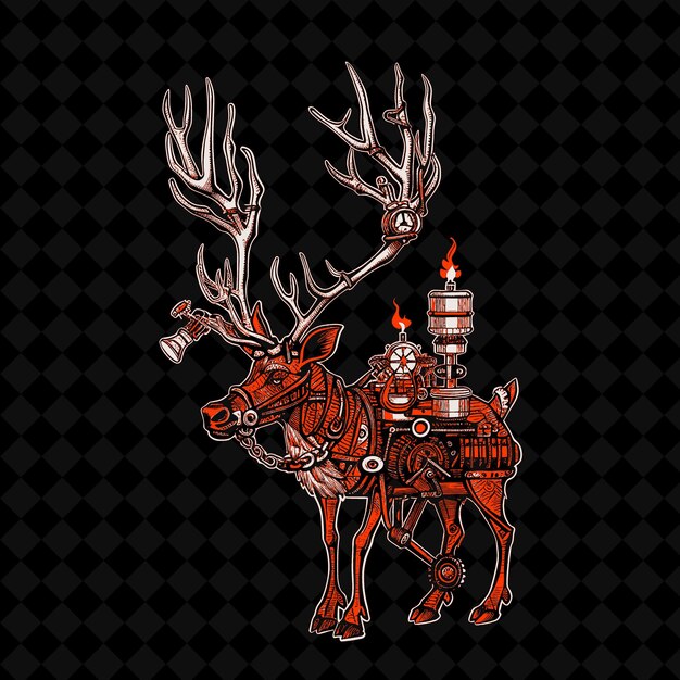 PSD png noble reindeer with a clockwork antler and a steam powered e outline vector of animal mascot (ピング・ノーブル・レインデア) 動物のマスコットのエー・アウトライン・ベクトルを蒸気動力で動かしている