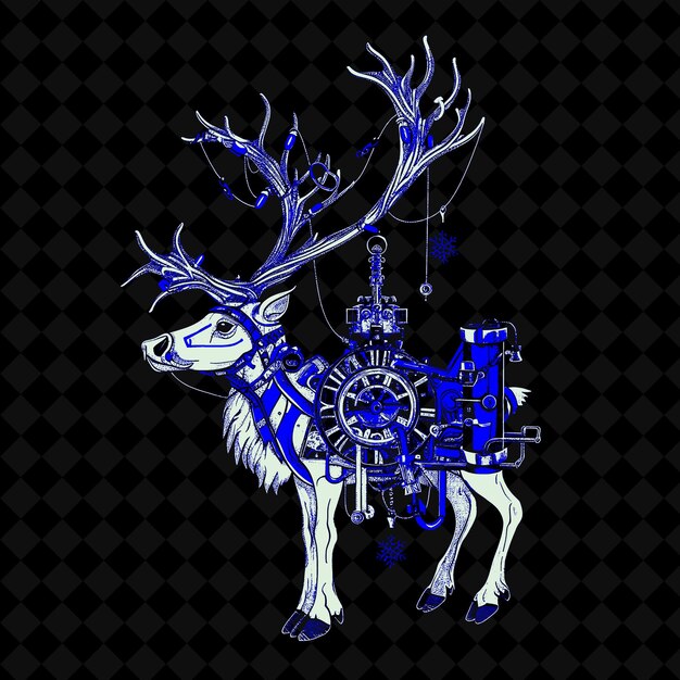 PSD png noble reindeer with a clockwork antler and a steam powered e outline vector of animal mascot (ピング・ノーブル・レインデア) 動物のマスコットのエー・アウトライン・ベクトルを蒸気動力で動かしている