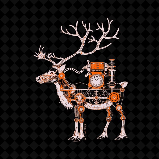 PSD png noble reindeer с часовым рогом и паровым двигателем e outline vector of animal mascot