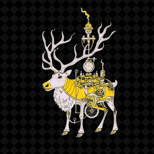 PSD png noble reindeer with a clockwork antler and a steam powered e outline vector of animal mascot