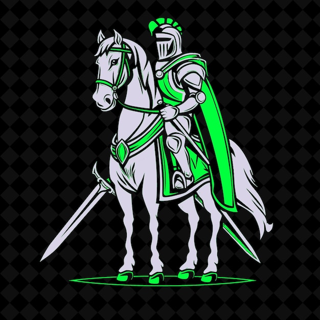 PSD png noble stallion with a knights armor and sword designed with outline vector of animal mascot 동물 마스코트의 선 터로 디자인된 기사 갑옷과 검