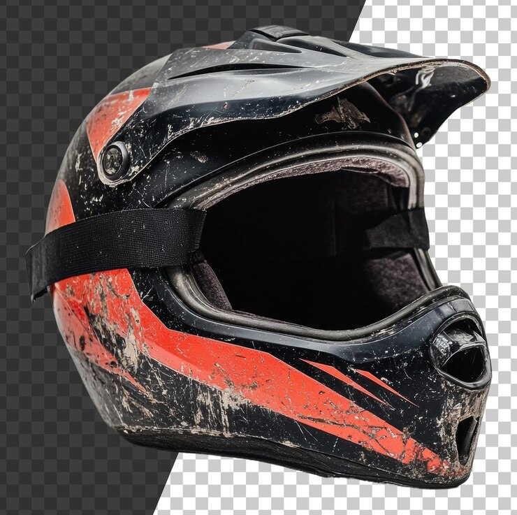 PSD png nosi kask motocrossowy z pomarańczowymi paskami