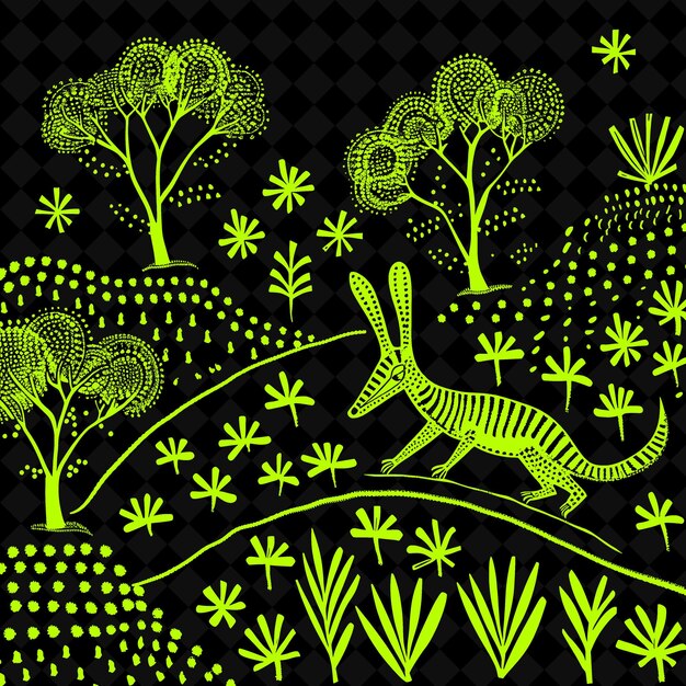 PSD png numbat folk art with australian termite mounds and unique pa illustration outline frame decor