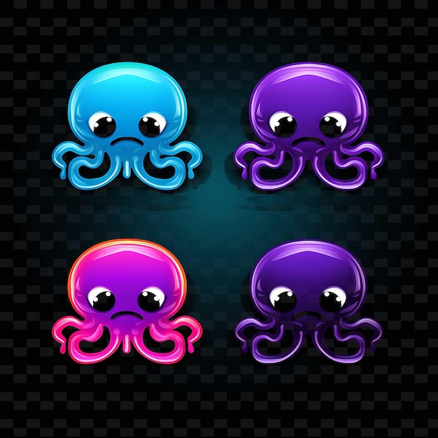 PSD png octopus face icon emoji z zabawnym zaskoczonym śpiącym i mi neon lines y2k shape eye catching