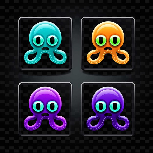 PSD png octopus face icon emoji z zabawnym zaskoczonym śpiącym i mi neon lines y2k shape eye catching