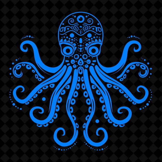 PSD png octopus volkskunst met nautische elementen en golven voor decoratie illustratie outline frame decor