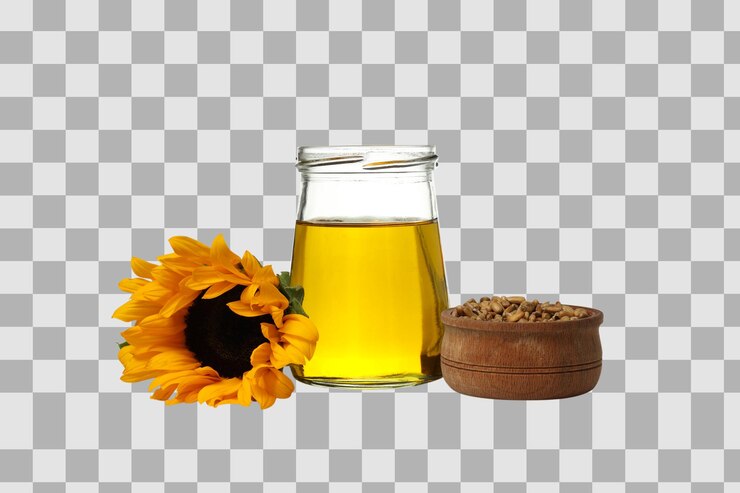 PSD png oil in jar sunflower and bowl with seeds isolated on white background