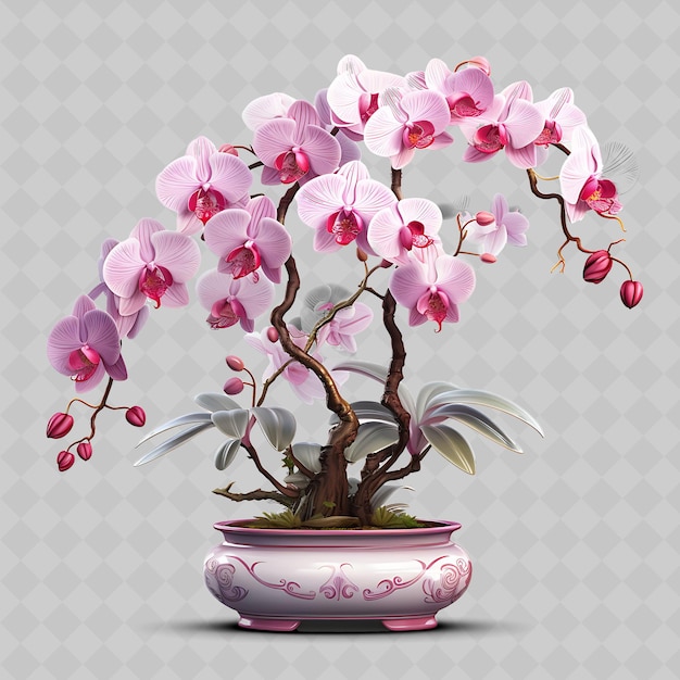 PSD png orchidee bonsai albero porcellana vaso foglie delicate elegante con trasparente diversi alberi decoro