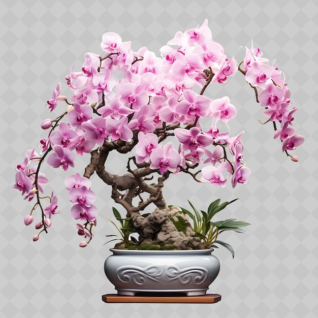 PSD png orchid bonsai tree porcelain pot delicate leaves elegant con transparent diverse trees decor