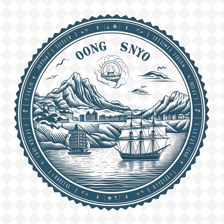 PSD png oslo city with monochrome fjord teal color viking longship a handdrawn watercolor landscapes