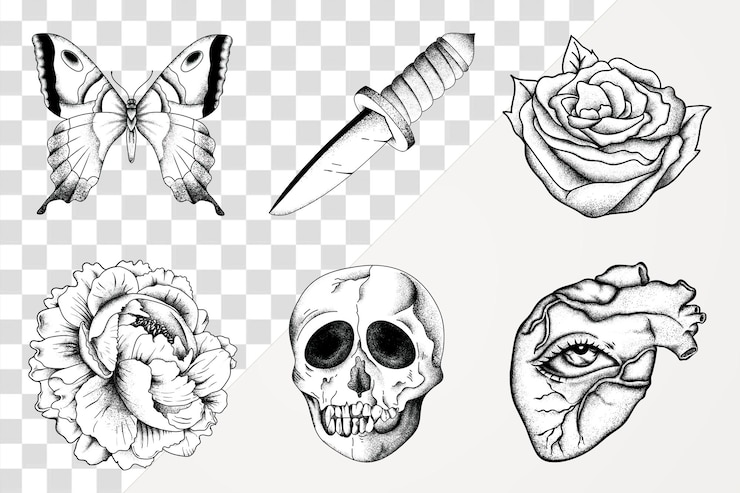 PSD png outline old school flash tattoo vintage symbool collectie