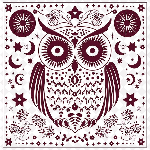 PSD png owl folk art with moon phases and stars for decorations plac illustration outline frame decor