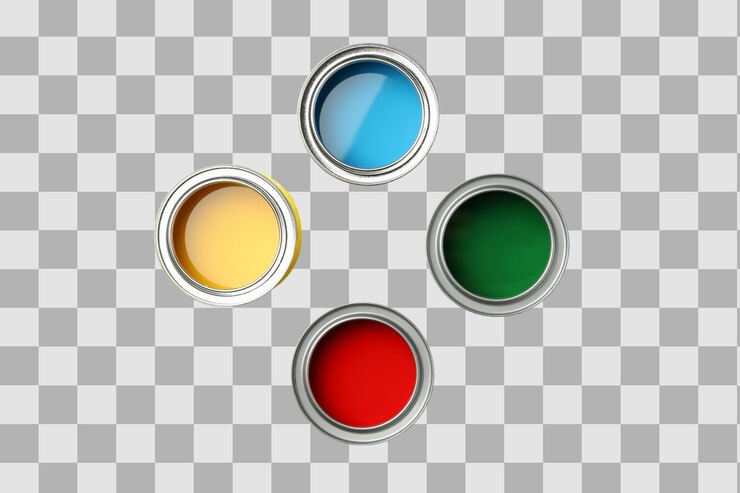 PSD png paint cans of colored paint top view isolated on white background