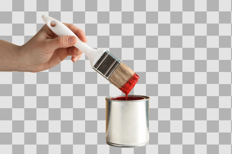 PSD png paint hand with paintbrush and can of red paint isolated on white background