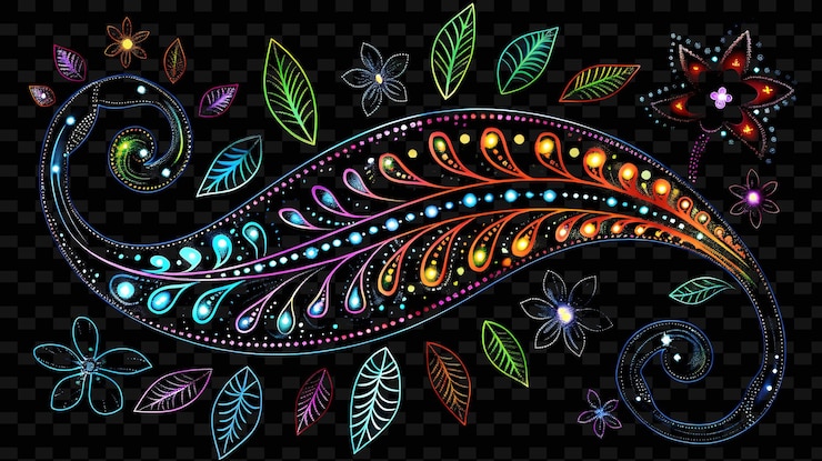 PSD png paisley decal with designs of leaves and with sparkling sta creative neon y2k shape decorativer