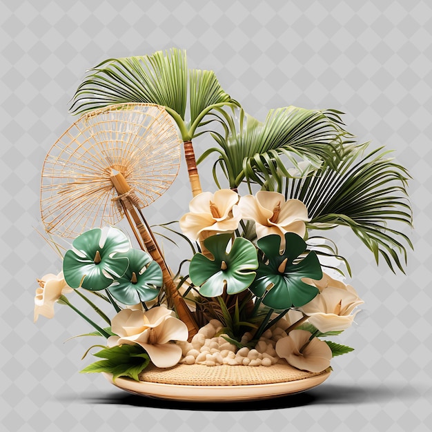 PSD png пальмовое дерево бонсай керамический горшок в форме вентилятора листья тропический бок прозрачные различные деревья декор