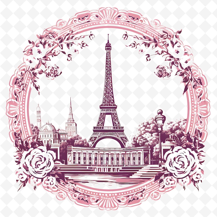 PSD png パリ市 モノクロム ブルッシュ ピンク色 エッフェル塔と手描きの水彩風景