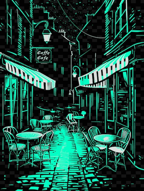 PSD png parisian cafe street with romantic scene wrought iron chairs illustration citys scene art decor