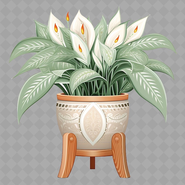 Png peace lily in un vaso di argilla con disegno d'arte popolare su un legno stan albero interno su uno sfondo pulito