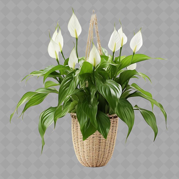 PSD png peace lily in bamboo basket pot hanging from rod with colors binnenboom op een schone achtergrond