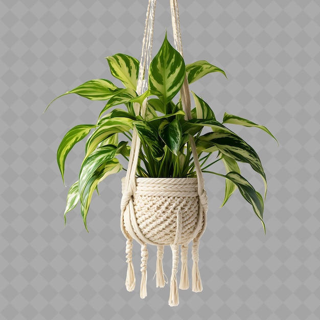 PSD png peace lily in macrame pot opgehangen aan touw met kleuren wh binnenboom op schone achtergrond