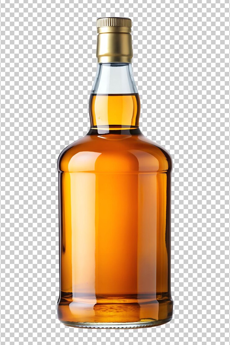 PSD png pełna butelka whisky z bursztynowym płynem i złotą przezroczystą czapką