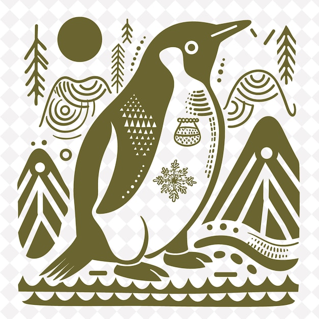 PSD png penguin folk art with icebergs and antarctic elements for de illustration outline frame decor