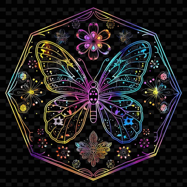 PSD png pentagonal decal with representations of butterflies and wi creative neon y2k shape decorativet