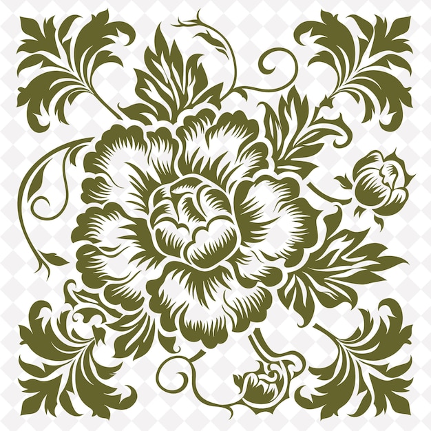 PSD png peony folk art with petals and vines for decorations in the illustration outline frame decor