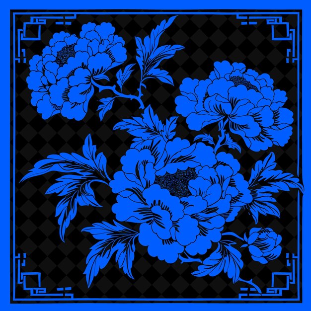 Png peony folk art with petals and vines for decorations in the illustration outline frame decor