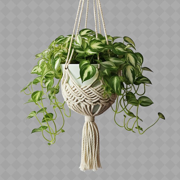 PSD png peperomia in macrame pot hanging from rope with color light interior tree on clean background