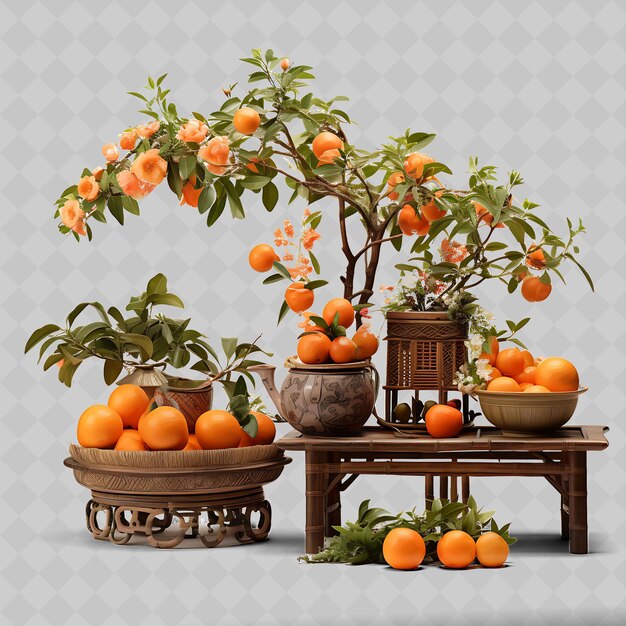 PSD png persimmon bonsai tree drewniany garnek błyszczące liście obfitość con przezroczyste różnorodne drzewa dekoracja