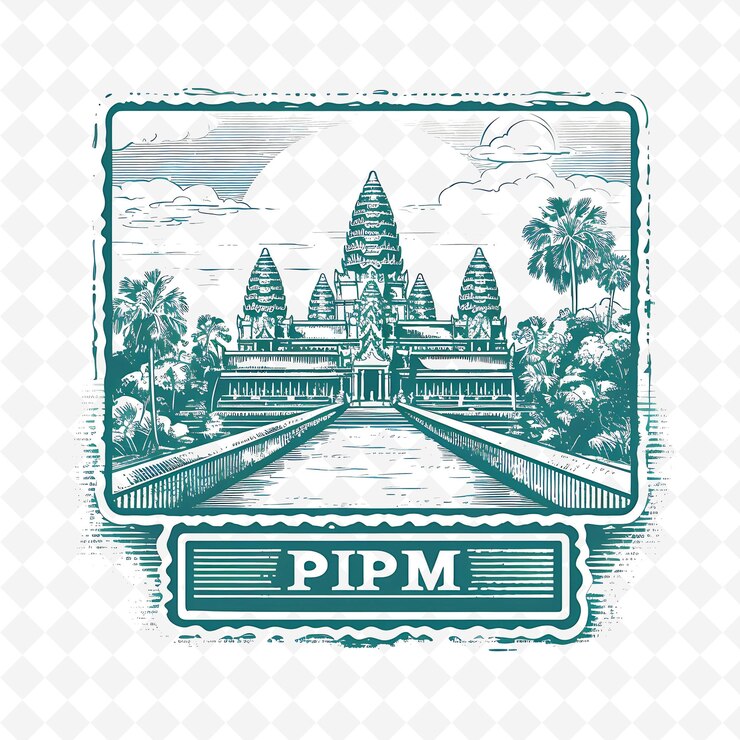 PSD png phnom penh city with monochrome teal color royal palace and handdrawn watercolor landscapes (プンプンペン市 単色青色の王宮と手描きの水彩画の風景)
