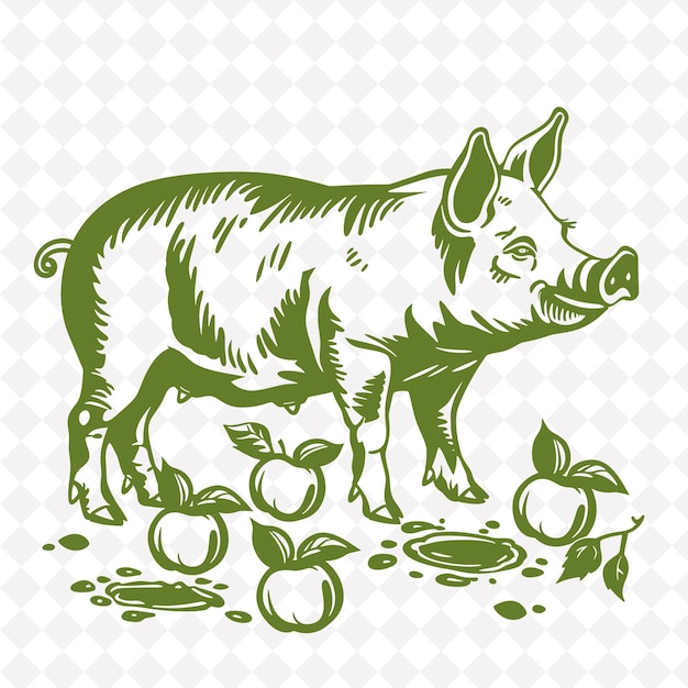 Png pig folk art met appels en modderpoelen voor decoraties voeg illustratie toe outline frame decor