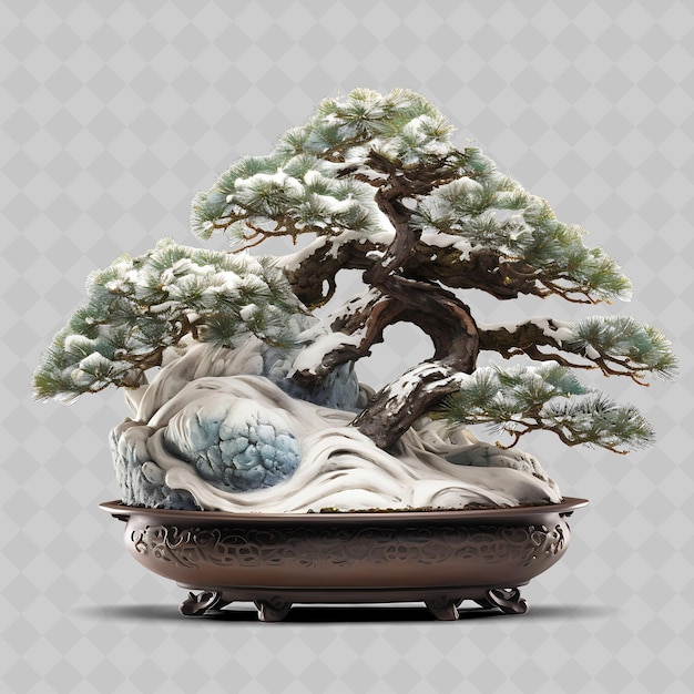PSD png pine bonsai tree glazed pot bundled needle like leaves winte transparent diverse trees decor