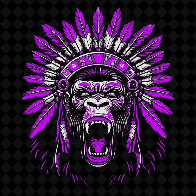 PSD png pissed off gorilla face beating its chest adorned with nativ outline vector of animal mascot