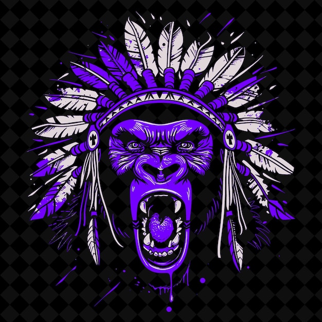 PSD png pissed off gorilla face beating its chest adorned with nativ outline vector of animal mascot