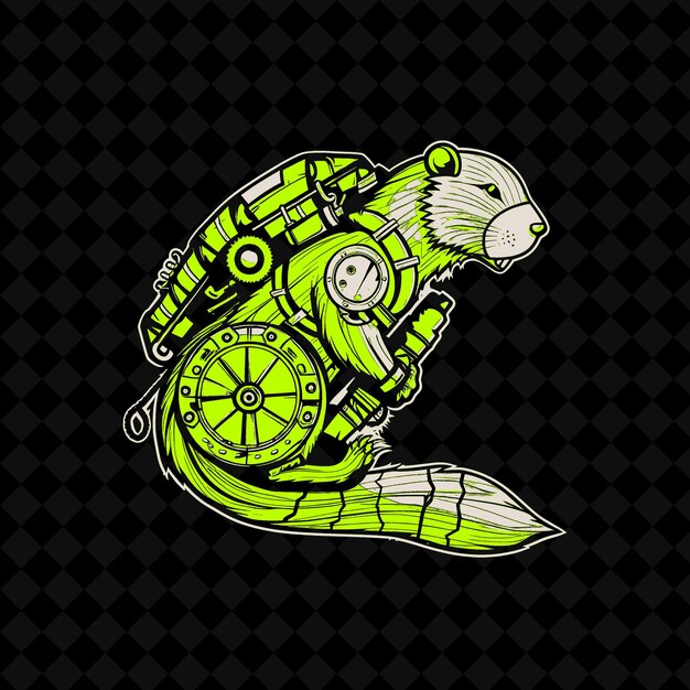 PSD png playful beaver with a mechanical tail and a gear filled back outline vector of animal mascot