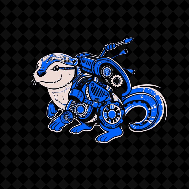 PSD png playful otter with a mechanical tail and a gear filled backp outline vector of animal mascot