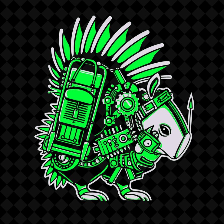 PSD png playful porcupine with a mechanical quill and a gear filled outline vector of animal mascot