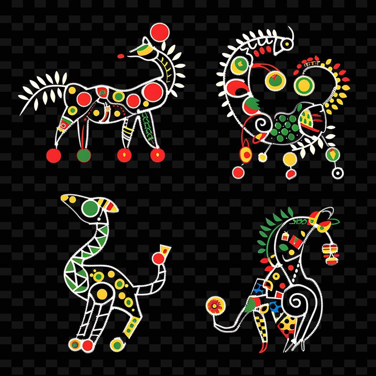 PSD png playful topiary animals borderlines design with brightly colillustration abstract collections