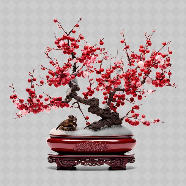 PSD png plum bonsai tree lacquered pot serrated leaves winter concep transparent diverse trees decor