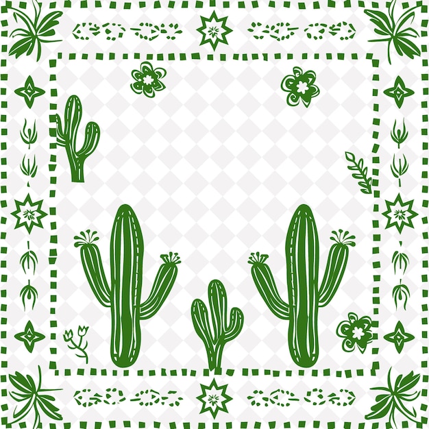 PSD png południowo-zachodnia sztuka ludowa z kaktusami i pustynnymi kwiatami dla kolekcji tradycyjnej sztuki konturów deco