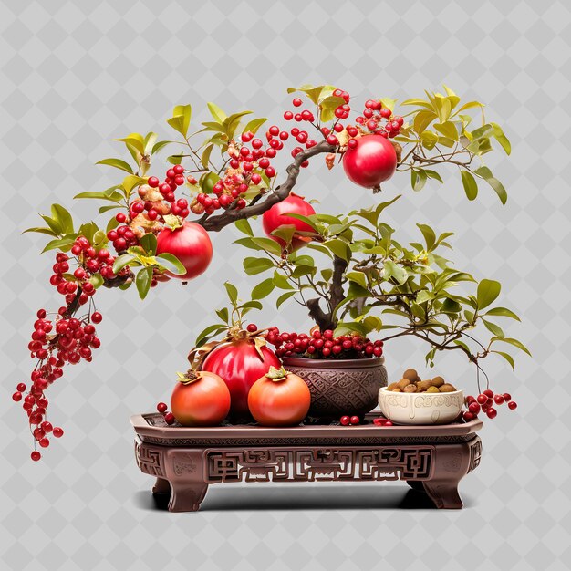 PSD png pomegranate bonsai clay pot oblong leaves mediterranean char transparent diverse trees decor