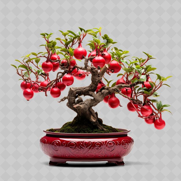 PSD png pomegranate bonsai tree clay pot elongated leaves mediterran transparent diverse trees decor