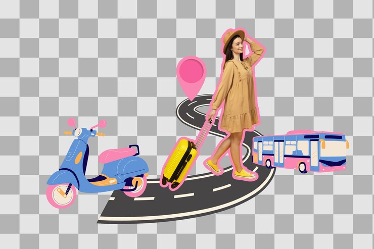 PSD png poster collage girl with suitcase on the road travel concept isolated on white background