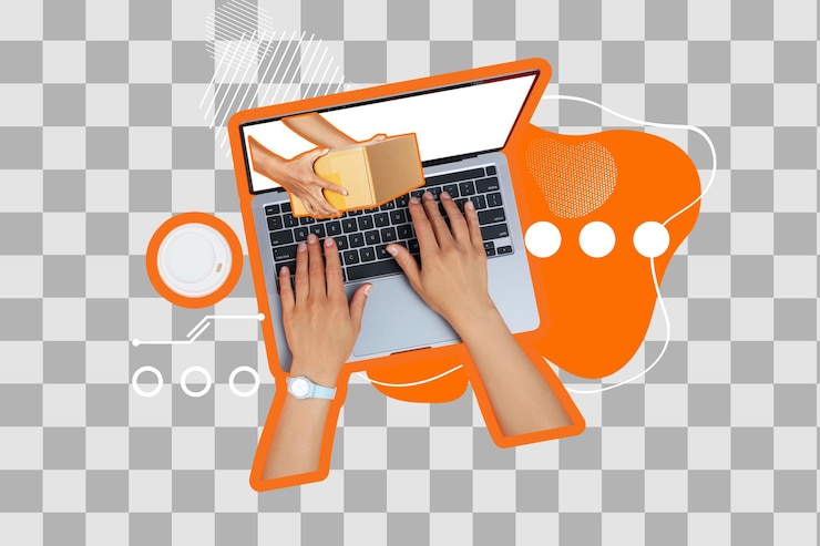 PSD png poster collage laptop with hands and additional elements with space for text isolated on white background