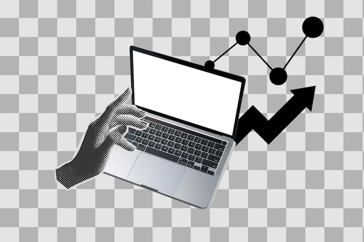 PSD png poster collage laptop with hands and arrow up with space for text isolated on white background