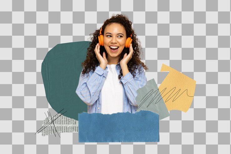 PSD png poster collage smiling girl wearing headphones isolated on white background