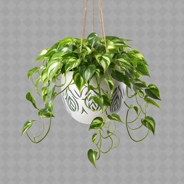 PSD png pothos appeso a un vaso di ceramica con colore verde e bianco c albero interno su uno sfondo pulito